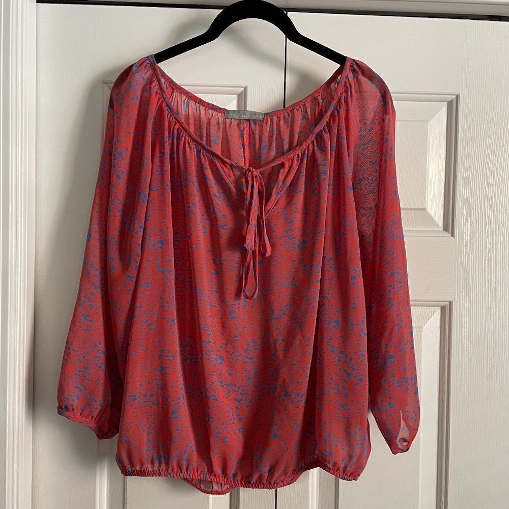 Women's Olivia Moon Tie Front Sheer Geometric Print Peasant Top Size XS
